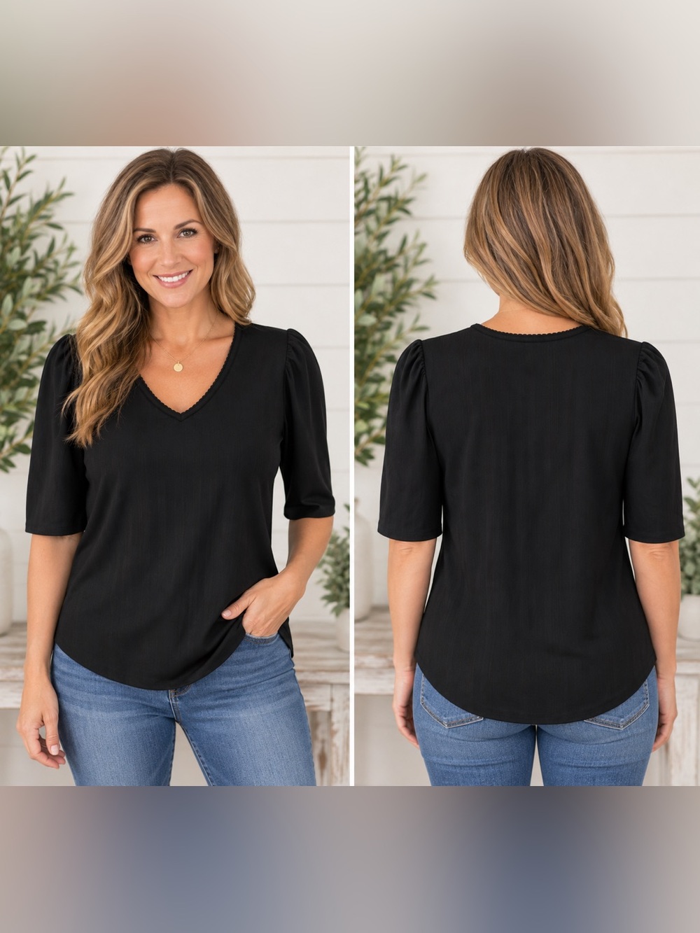 NWT Lands’ End Black Pointelle V-Neck Elbow Sleeve Top Small